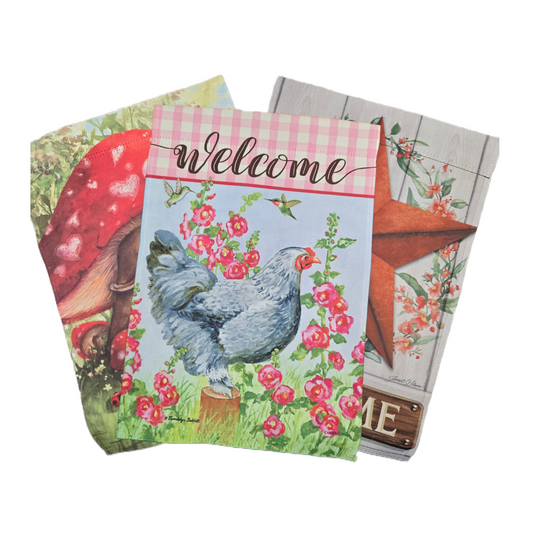 Set of three decorative greeting cards with farm-themed designs on a white background.