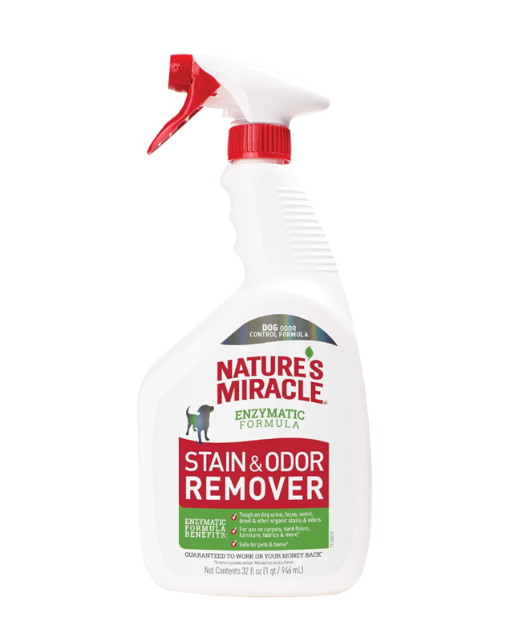 Nature's Miracle stain and odor remover spray bottle on a white background