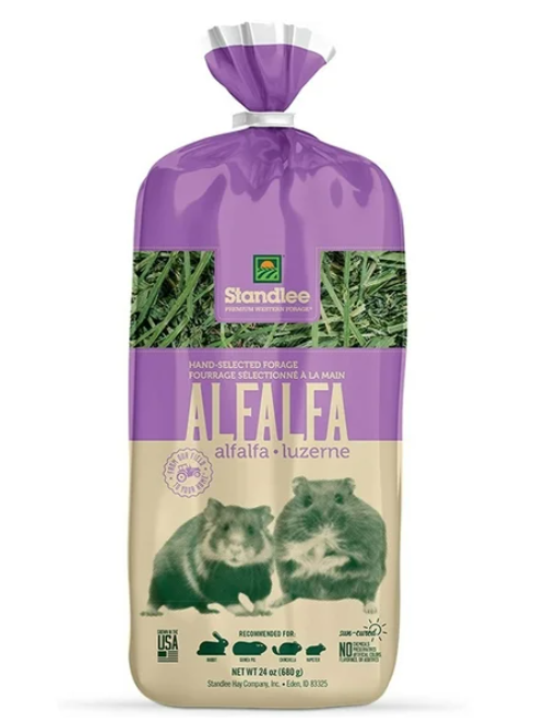Standlee Alfalfa product packaging with purple and beige design, featuring images of alfalfa and two small animals.