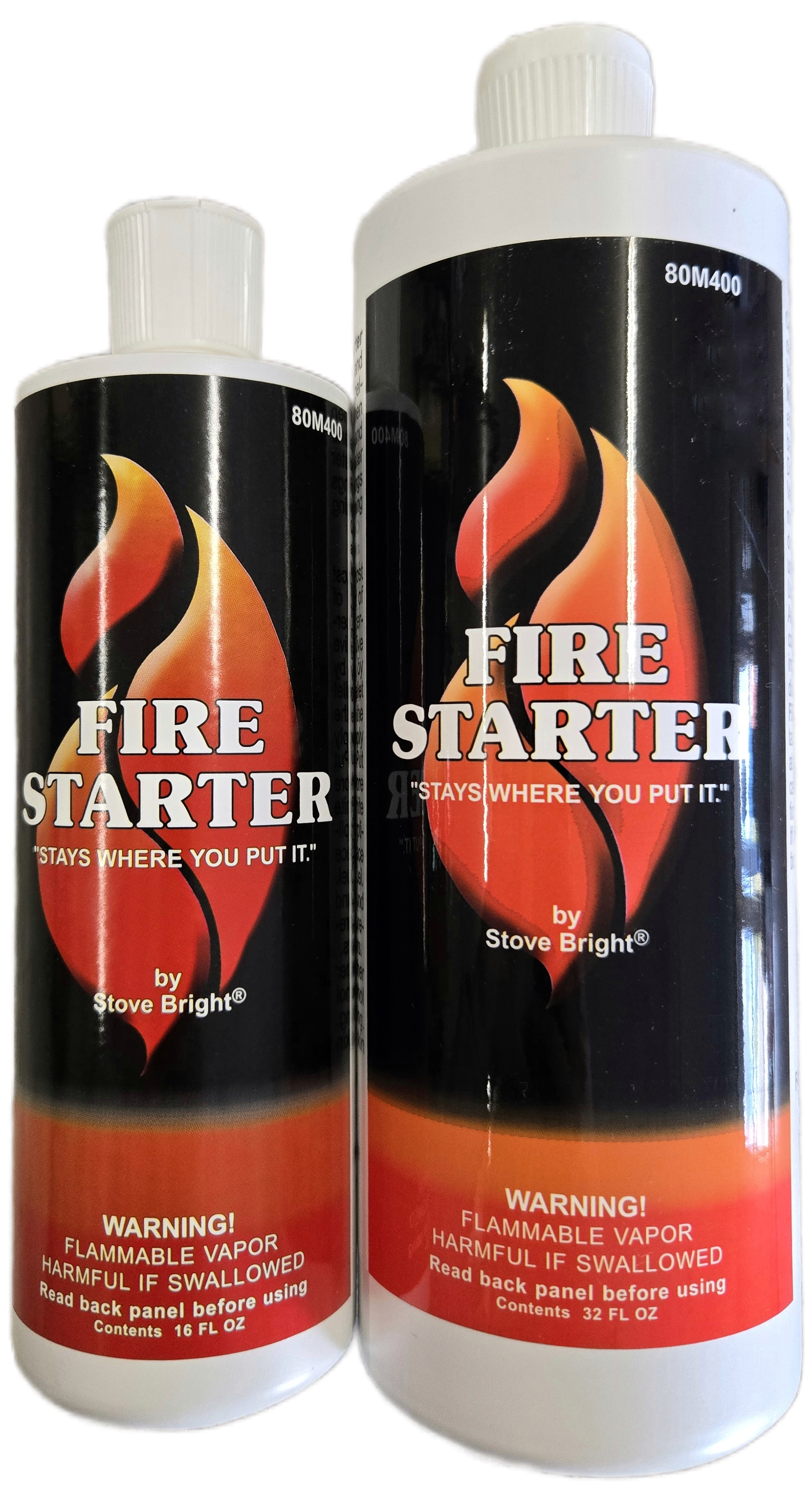 Two bottles of Stove Bright Fire Starter on a white background