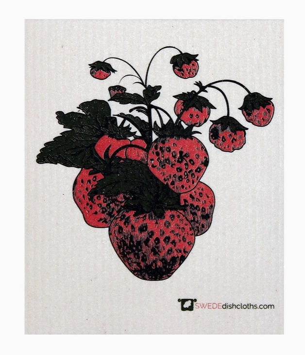 Swedish dishcloth with strawberry design on a white background