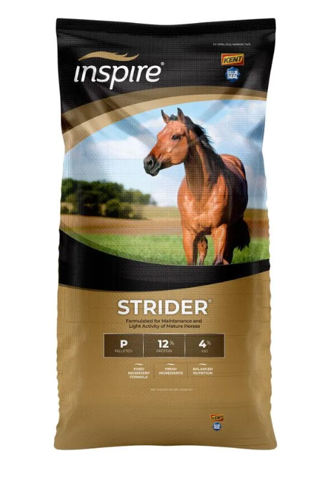 Bag of Inspire Strider horse feed with a horse on the packaging