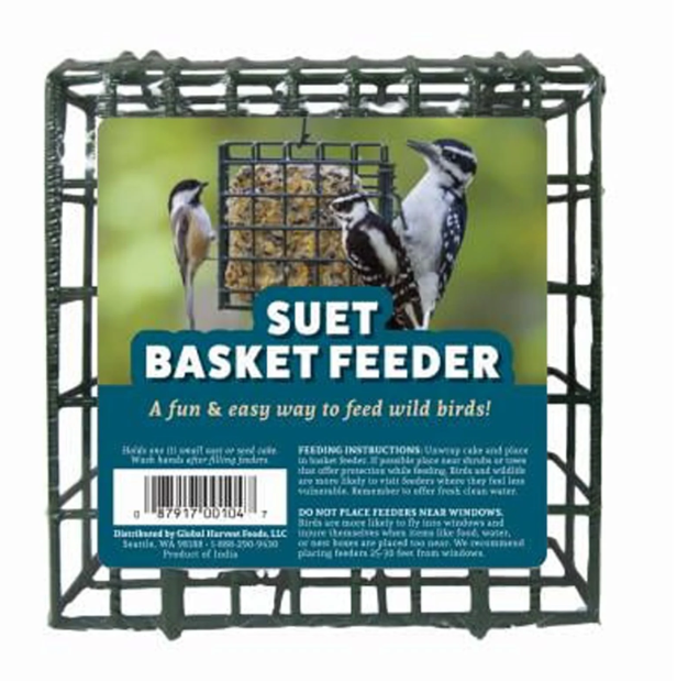 Suet basket feeder with bird images and text on a white background