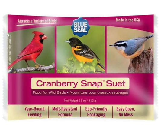 Blue Seal Cranberry Snap Suet packaging with images of birds and text about product features.