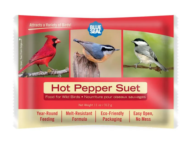 Hot Pepper Suet package with images of birds and text on a white background