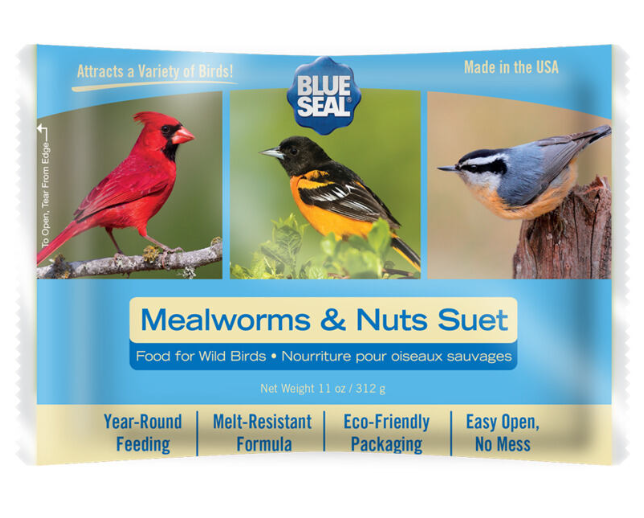 Blue Seal Mealworms & Nuts Suet package with images of birds on a white background