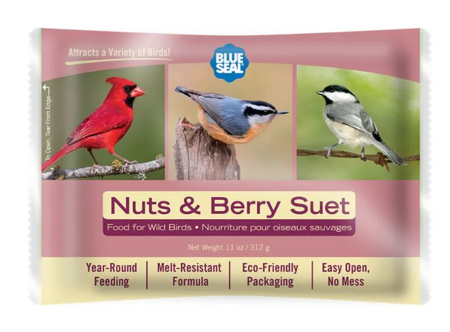 Package of Blue Seal Nuts & Berry Suet with images of birds on a pink background