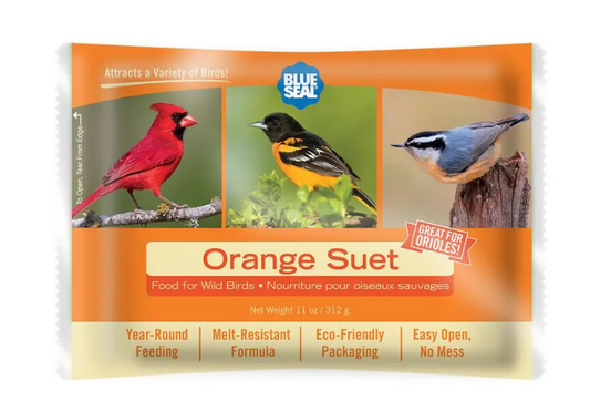 Orange suet package with images of birds and text about the product