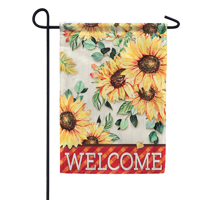 Garden flag with sunflowers and 'Welcome' text on a white background