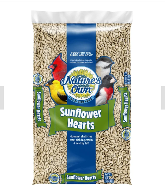 Bag of Nature's Own Sunflower Hearts bird seed with colorful bird illustrations on a white background