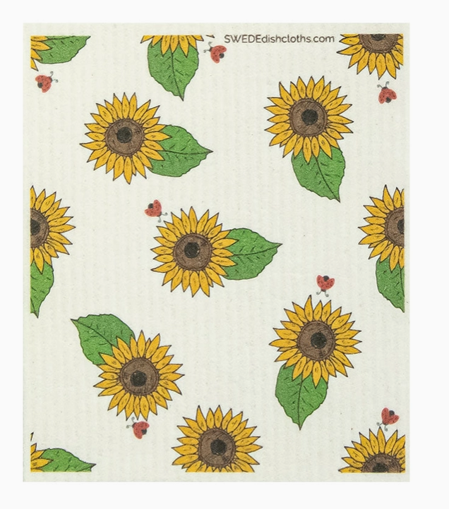 Swedish dishcloth with sunflower pattern on a white background