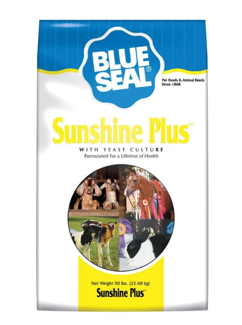 Blue Seal Sunshine Plus mixed her feed package on a white background