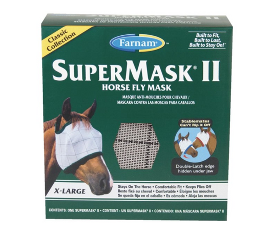 Box of Farnam SuperMask II Horse Fly Mask with a horse wearing the mask on a green background