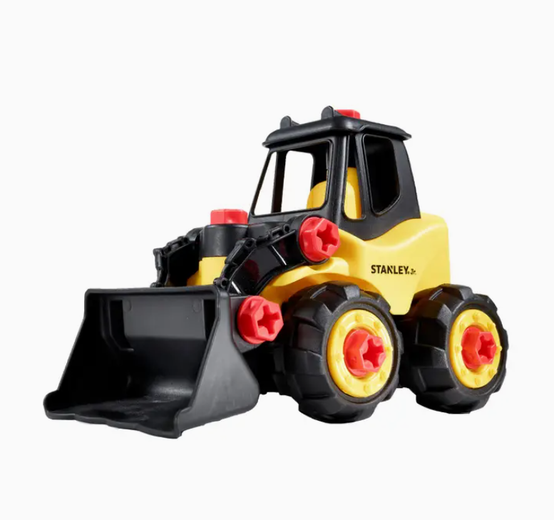 Toy bulldozer with black and yellow colors on a white background