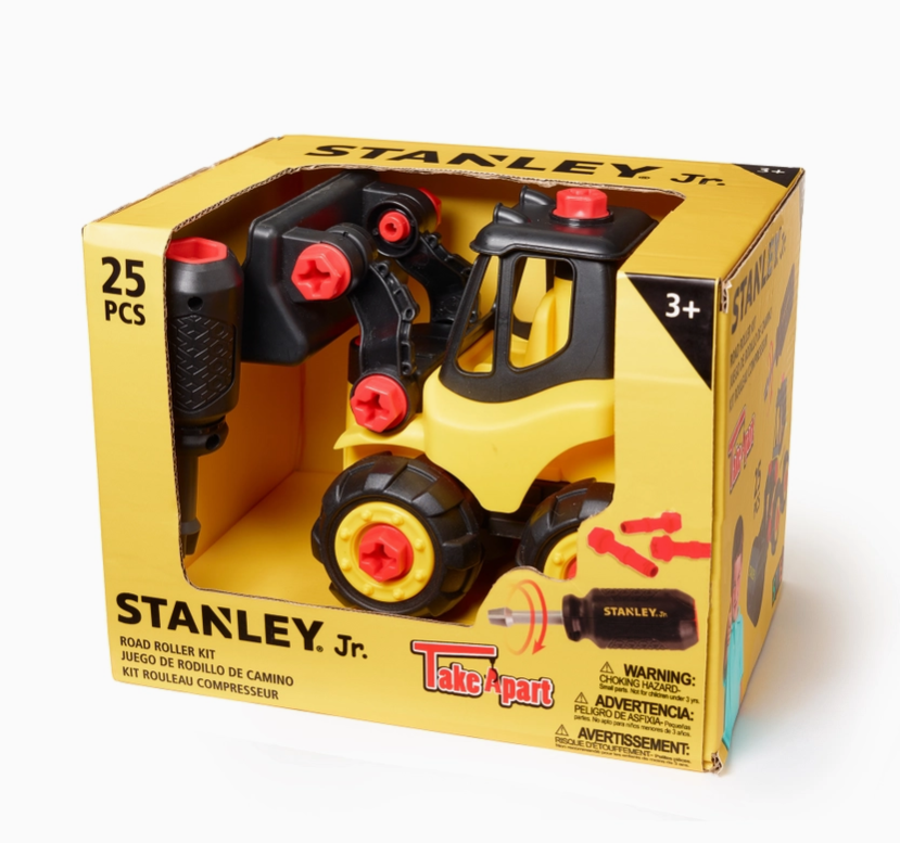 Toy construction set in Stanley Jr packaging on a white background