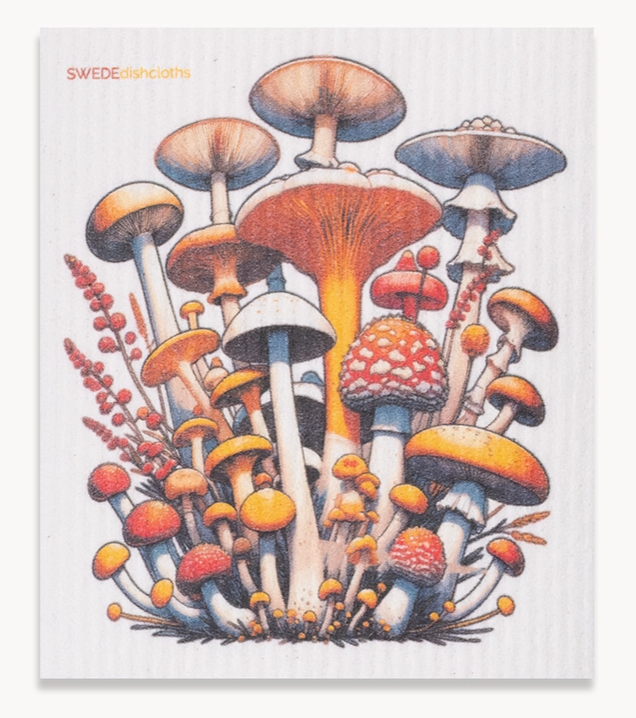 Colorful illustration of mushrooms on a white background with 'SWEDE' branding.
