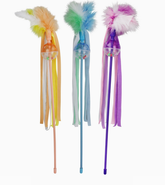 Three colorful cat toys with feathers on a white background