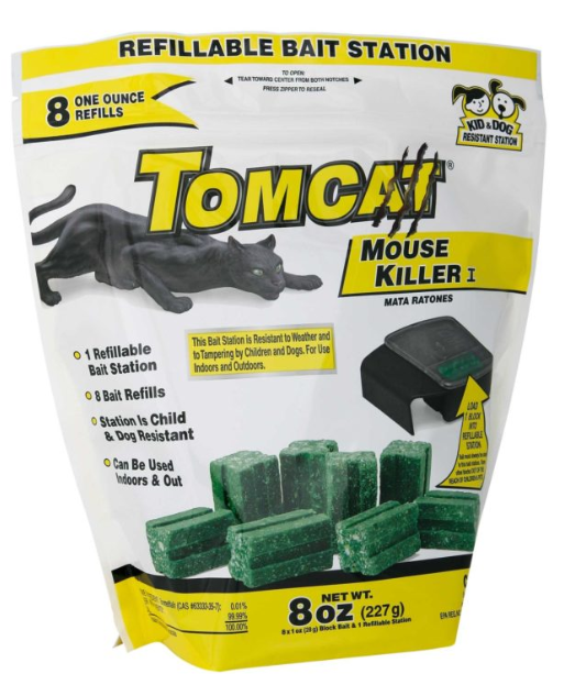 Tomcat Mouse Killer packaging with refillable bait station and mouse illustration on a white background