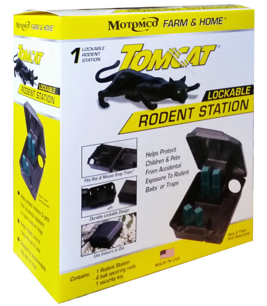 Tomcat lockable rodent station packaging with yellow and white design
