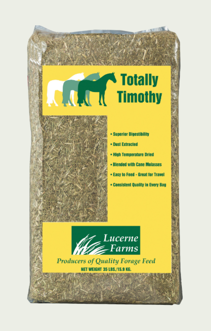 Bag of Totally Timothy horse feed from Lucerne Farms on a beige background
