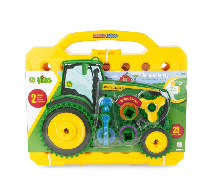 John Deere toy tool set in packaging with a yellow toolbox
