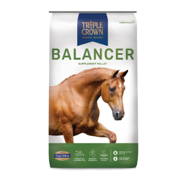 Triple Crown Balancer supplement pellet packaging with a horse on a white background