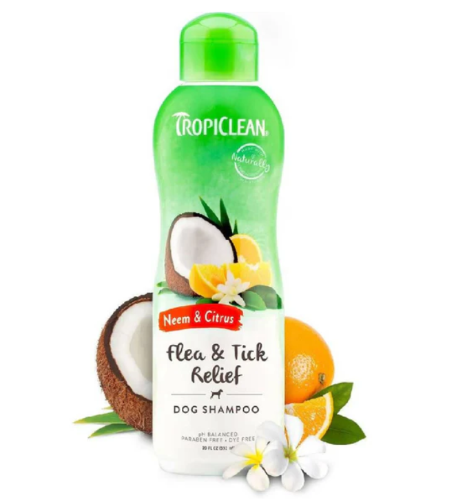 Tropiclean Neem & Citrus Flea & Tick Relief Dog Shampoo bottle on a white background