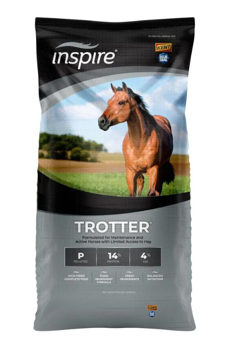 Bag of horse feed with a horse on the label, branded 'inspire'.