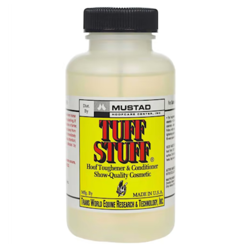 Bottle of Tuff Stuff hoof toughener and conditioner with a yellow label on a white background