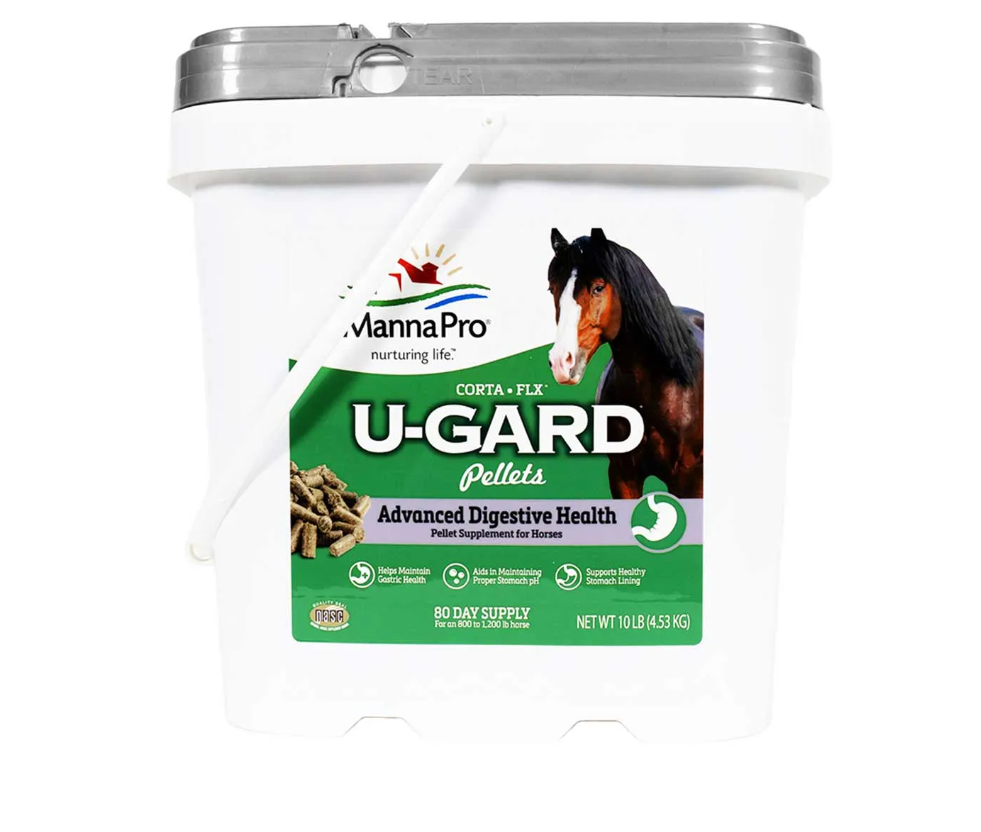 Bucket of U-Gard Pellet Supplement with a horse on the label on a white background.