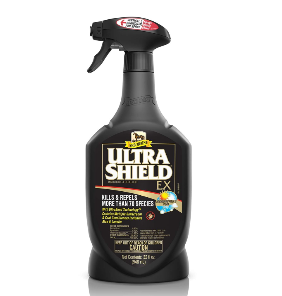 Black spray bottle labeled 'Ultra Shield EX' on a white background