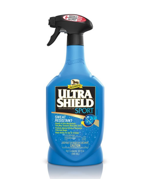 Blue spray bottle labeled 'Ultra Shield Sport' on a white background