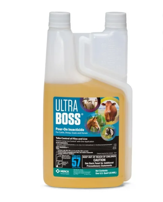 Ultra Boss pour-on insecticide bottle on a white background