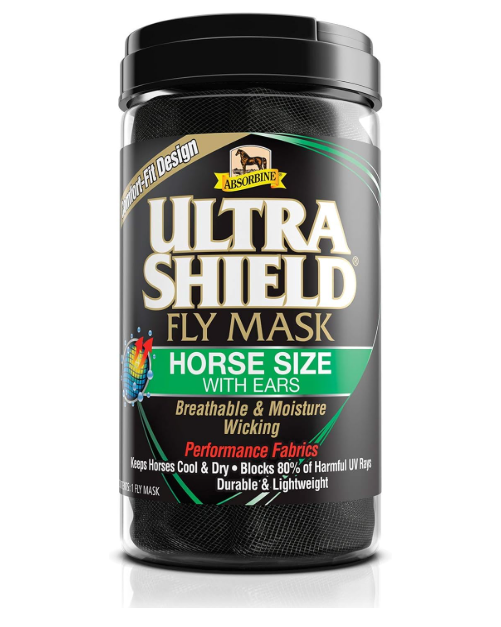 Ultra Shield Fly Mask packaging for horses on a white background
