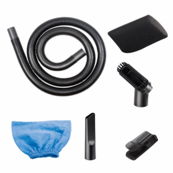 Set of vacuum cleaner attachments including a hose, brush, and cloth on a white background