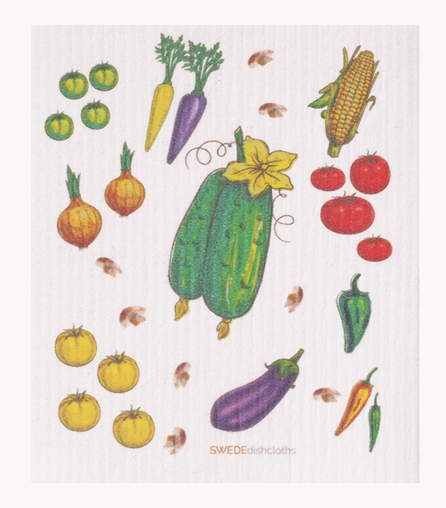 Dishcloth with colorful illustration of various vegetables on a white background