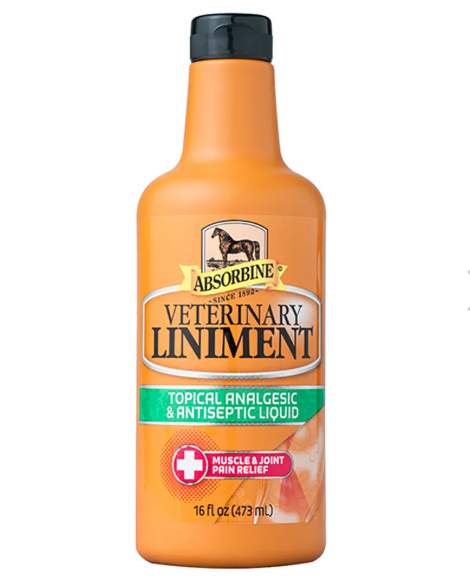 Orange bottle of Absorbine Veterinary Liniment on a white background