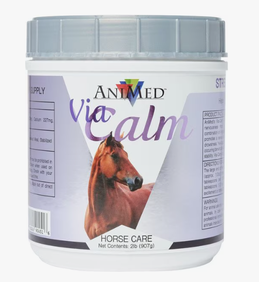 Container of Animed Via Calm horse care product with a horse on the label.