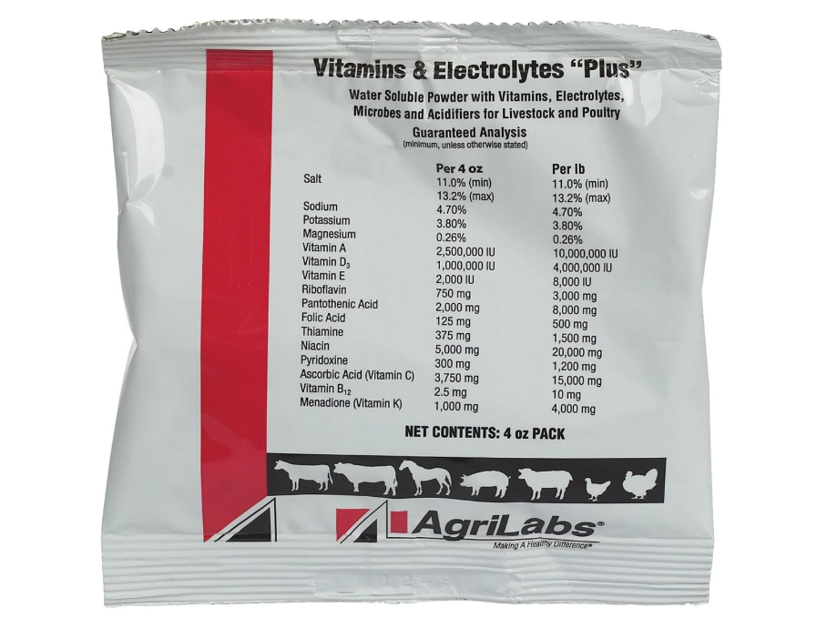 Agrilabs Vitamins & Electrolytes Plus packaging with nutritional information on a white background