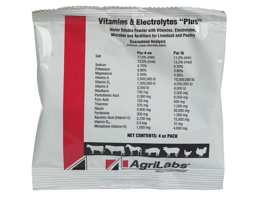 Agrilabs Vitamins & Electrolytes Plus packaging with nutritional information on a white background