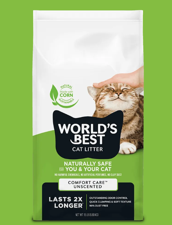 World's Best Cat Litter packaging with a cat and hand on a green background