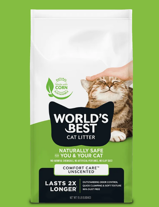 World's Best Cat Litter packaging with a cat and hand on a green background