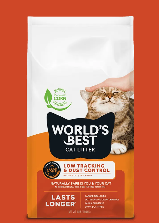 World's Best Cat Litter packaging with a cat and hand on an orange background
