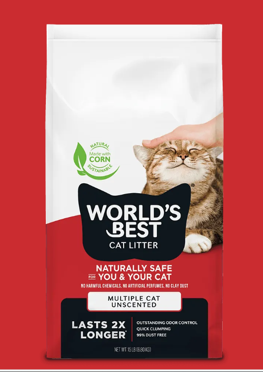 World's Best cat litter packaging with a cat and hand on a red background