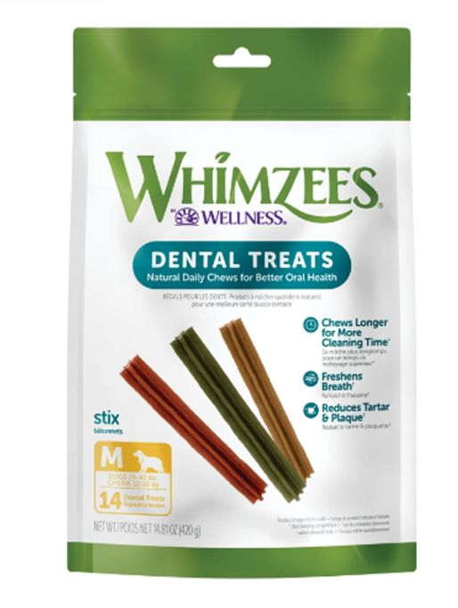 Package of Whimzees Wellness Dental Treats for dogs on a white background