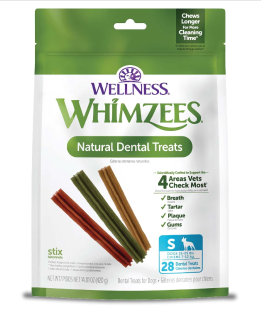 Package of Wellness Whimzees natural dental treats for dogs on a white background