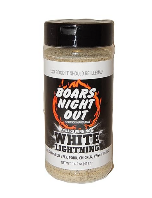 Bottle of Boars Night Out White Lightning BBQ rub on a White background.