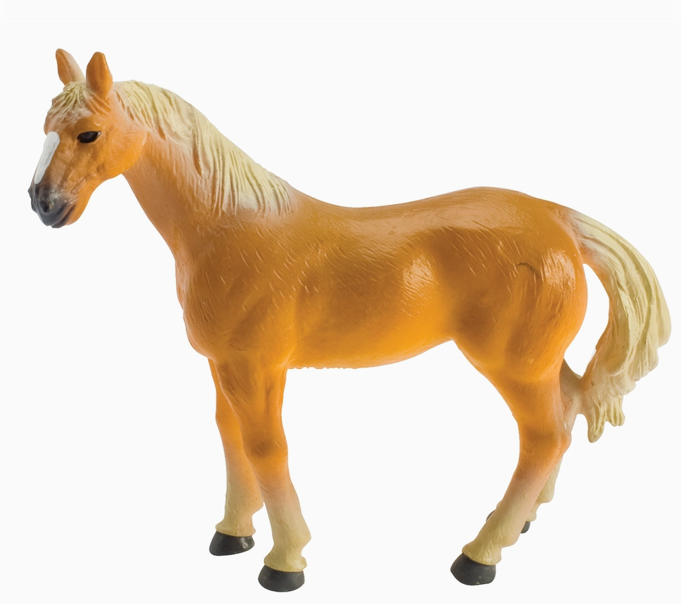 Model horse with a blonde mane on a white background
