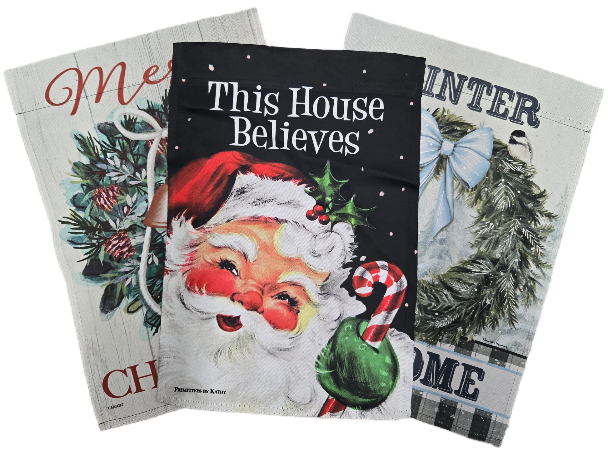 Three Christmas-themed flags with Santa Claus and winter scenery.