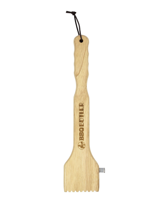 Wood grill scraper branded "BBQ BUTLER" on a white background.